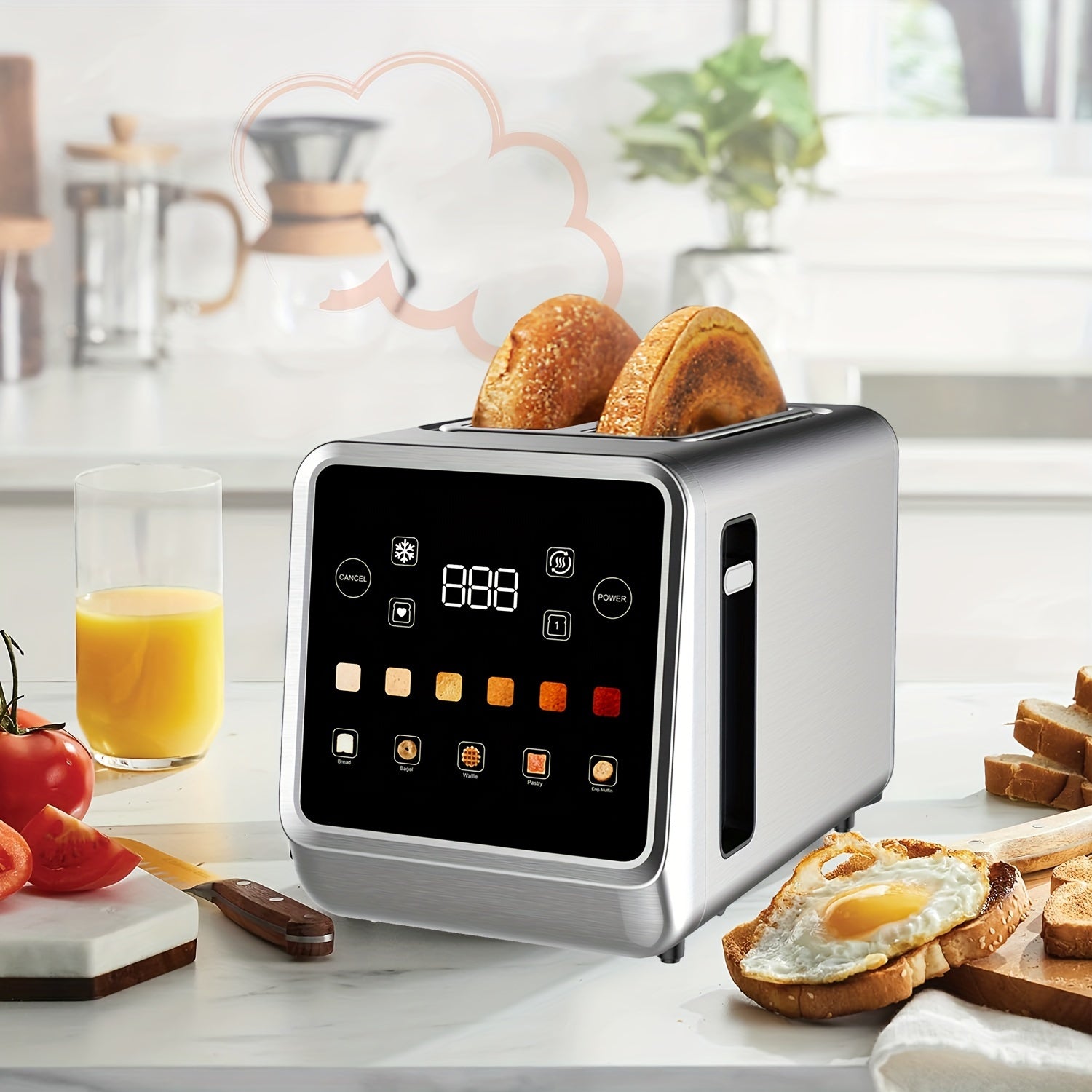TouchGlow 2-Slice Digital Toaster – Stainless Steel, Touchscreen, 6 Shade Levels