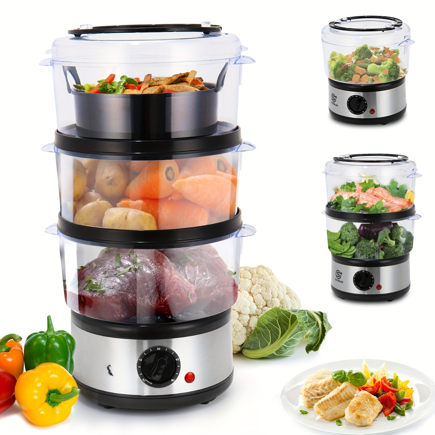 SUPERLEX 3-Tier Electric Food Steamer – 500W, Healthy and Efficient Cooking
