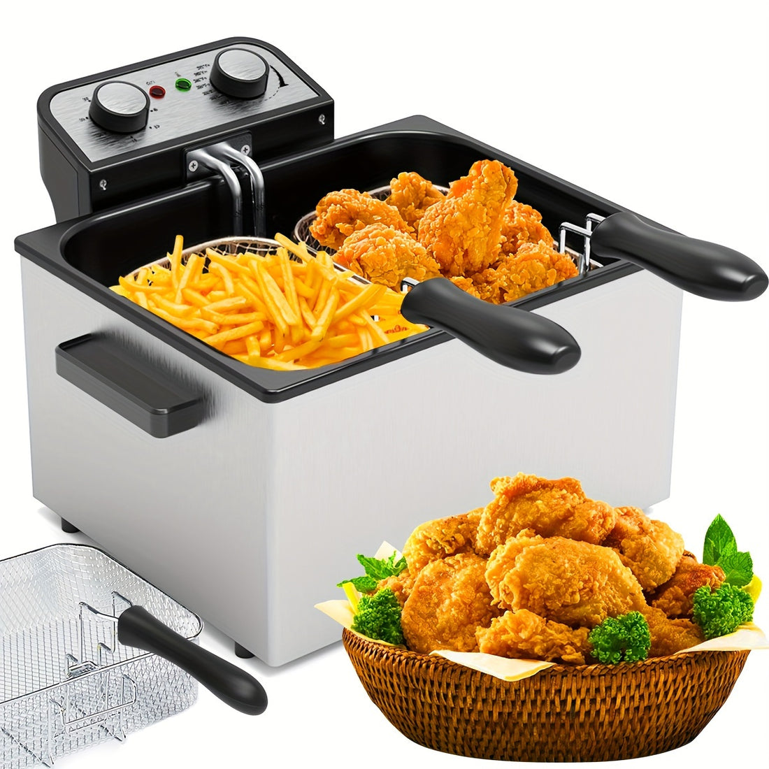 Stainless Steel Deep Fryer with Basket – 110V, Professional-Grade Frying